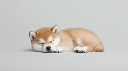 A sleeping Shiba Inu puppy curled up comfortably, isolated on a white background.