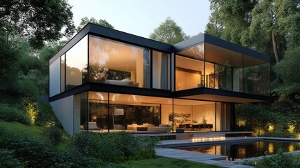 Obraz premium Modern Glass House with Pool and Surrounding Trees