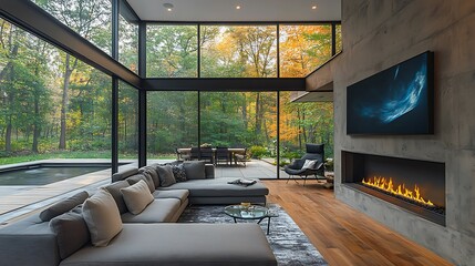 Modern living room with large windows, a fireplace, and a sectional sofa overlooking a pool and patio.