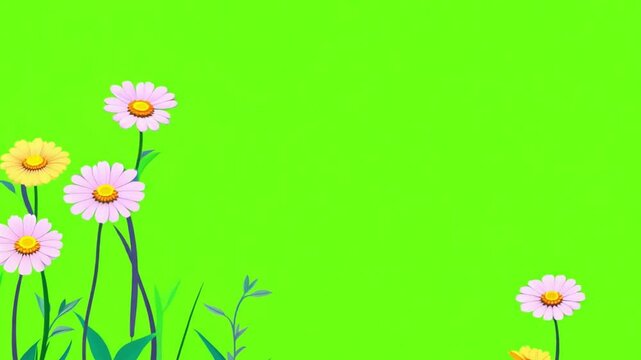 Colorful spring flowers on green screen. orange pink daisies. Floral frame animation on green screen. Floral frame animation with key color. Women's day, Valentine's Day, and Wedding day frame. Illust