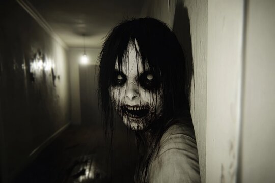 Scary ghost girl hiding in haunted asylum hallway