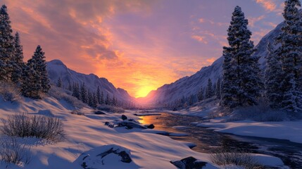 A breathtaking sunset over a snow-covered mountain valley with a river winding through it. 