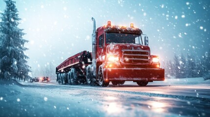 Red Semi-Truck Driving on Snowy Road in Winter