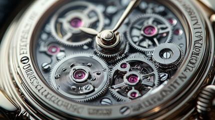 This captivating top view image reveals the inner workings of a watch, showcasing a complex arrangement of intricate silver cogs within the watch face. Generative AI