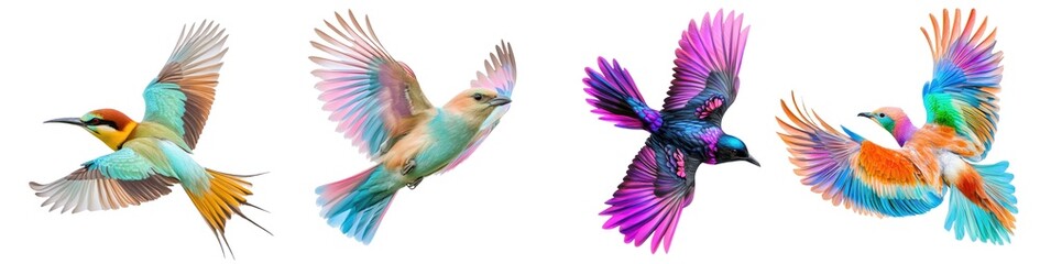 Obraz premium Multicolored flying bird set isolated Png, transparent without background.
