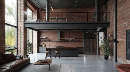 Modern Industrial Loft Apartment with Exposed Brick Walls and a Mezzanine