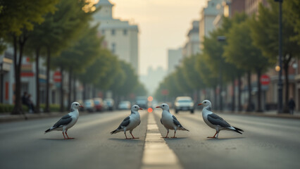 Peaceful Urban Beauty: A Serene Scene of Birds Gracefully Perched on a City Street