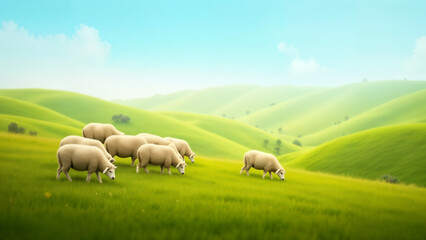 Fototapeta premium A Charming Herd of Fluffy Sheep Grazing Peacefully on a Picturesque Hillside with Rolling Green Fields and a Bright Blue Sky, Capturing the Serenity of Rural Life