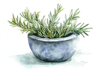 Watercolor Illustration of Aromatic Rosemary Herb with Mortar and Pestle