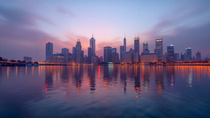 Obraz premium Stunning Reflection of City Skyline in Shimmering Water, Narrating Urban Life and Natural Wonder at Dusk.