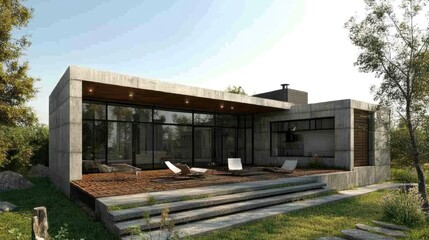 Obraz premium Modern Concrete House with Large Windows and Patio