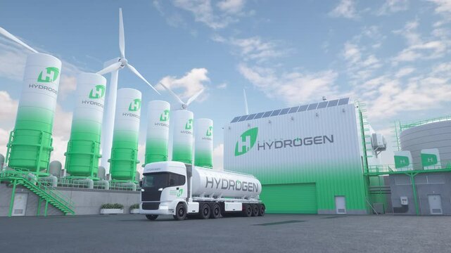 Exterior of a hydrogen processing plant with tanker truck and wind turbines.