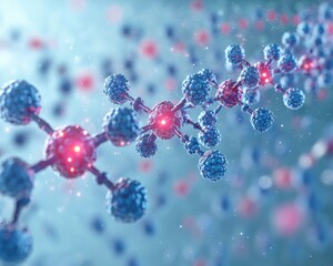 Molecular Structure Visualization Featuring Blue and Red Molecules Representation in a Scientific Background for Chemistry and Biotechnology Research