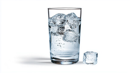 A glass of water with ice cubes, isolated on a white background.