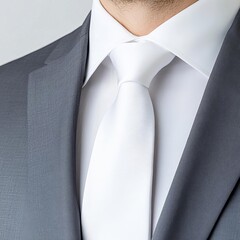 White tie on a charcoal grey suit, perfect for branding professional attire, subtle lighting and shadows, white tie grey suit, formalwear