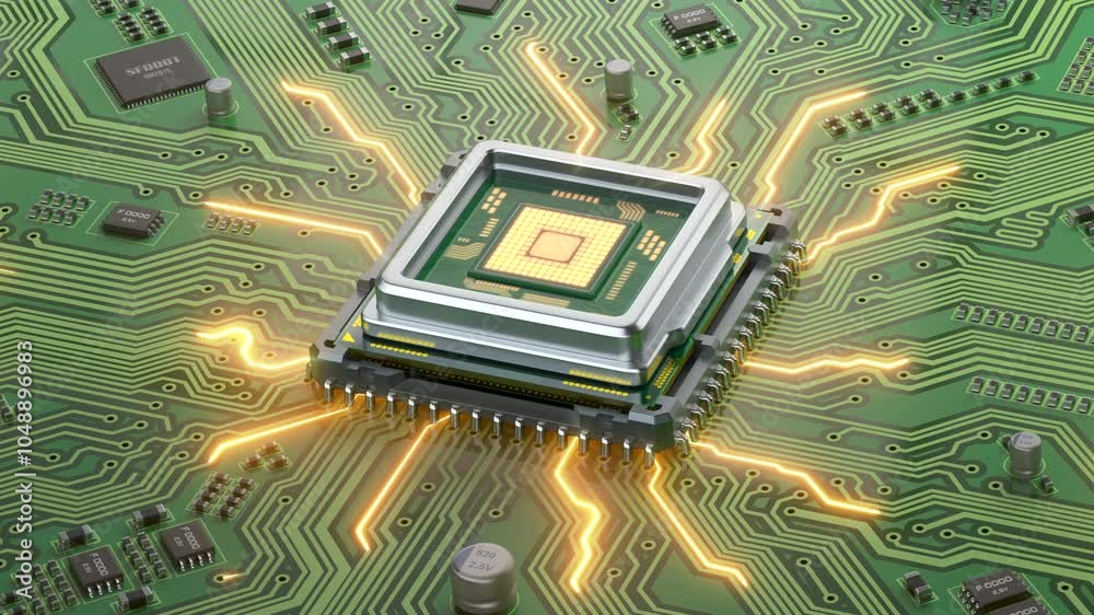 Poster CPU computer processor on circuit board data processing and AI artificial intelligence. 3d animation