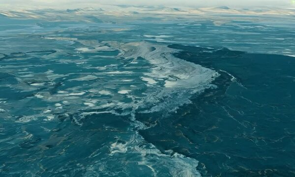 -angle view of landmasses shifting and realigning. The camera cranes down to show the dynamic changes in the landscape.