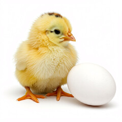 Fototapeta premium cute yellow chickling next to white egg on white background