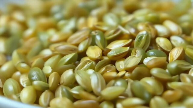 stunning visual mung bean seeds revealing their small ovular shapes vibrant green colors footage highlights distinct imperfections surface each seed uniqueness these legumes
