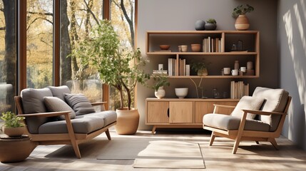 Fototapeta premium Modern Scandinavian-style lounge with chairs, wooden shelving, and a cabinet by the window, adding cozy, clean decor.