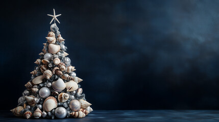 Obraz premium Summer Christmas tree made of white seashells and starfish on blue background with minimalist holiday beach decor