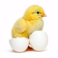 cute yellow chick hatching from egg shell