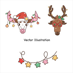 Retro Groovy Christmas Western Cowboy Cactus Cow clipart set Vector Illustration