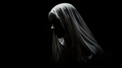 In a shadowed, dark space, the ethereal face of a ghostly, white-veiled woman emerges from the darkness, blindfolded with a white cloth, her figure partially illuminate Generative AId from above.