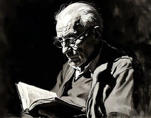 Elderly man absorbed in reading a book under soft, dim lighting