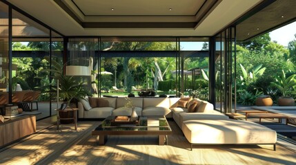 Fototapeta premium Modern living room with large windows overlooking lush tropical greenery.