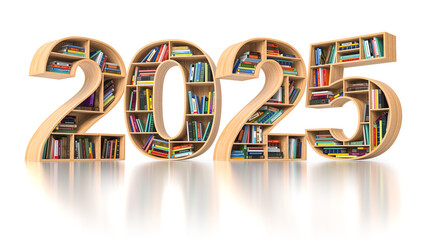 Happy 2025 new year education concept. Bookshelves with books in the form of text 2025.