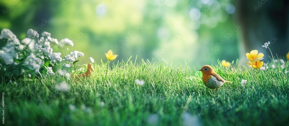 Aufkleber spring creatures in the grass. with copy space image. Place for adding text or design