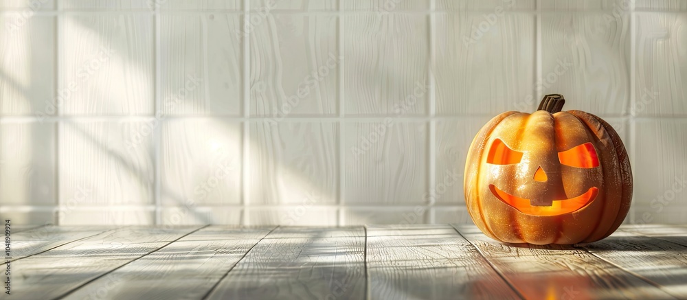 Poster halloween pumpkin on a wooden table against a backdrop of white boards halloween setting room for te