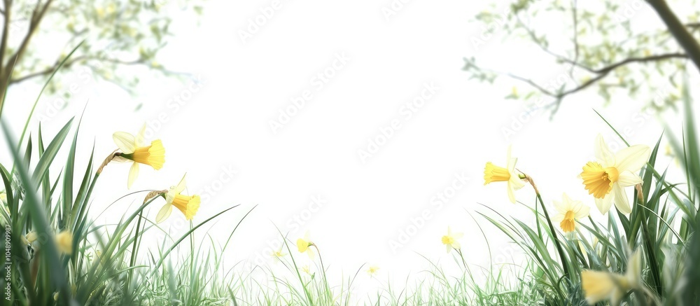 Aufkleber Spring background featuring a frame of grass and daffodils in nature Suitable for a white isolated studio background Close up. with copy space image. Place for adding text or design