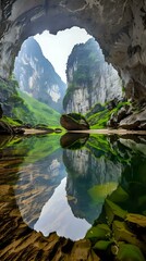 Fototapeta premium A serene cave landscape with reflections in water, surrounded by lush green mountains.