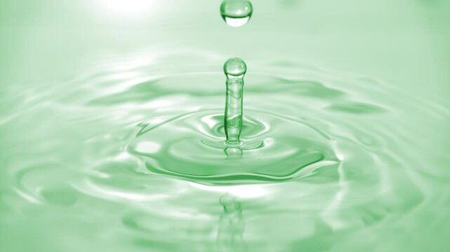 Beautiful closeup splash of green serum drop in slow motion. Cosmetic essence serum falling in slow motion. Body moisturizing cosmetics formulating commercial product. Green tea or aloe vera extract
