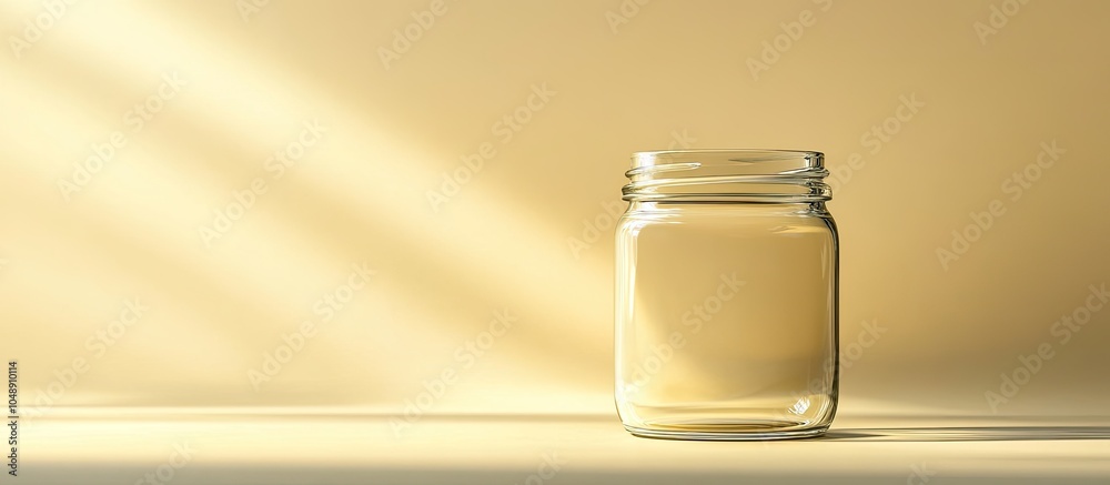 Fototapete Closed vacant glass jar on a light yellow background room for text. with copy space image. Place for adding text or design
