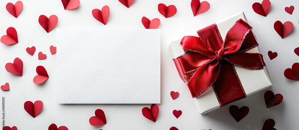 Poster valentine s day a gift box with a red bow and a blank sheet alongside cut paper hearts for a love me
