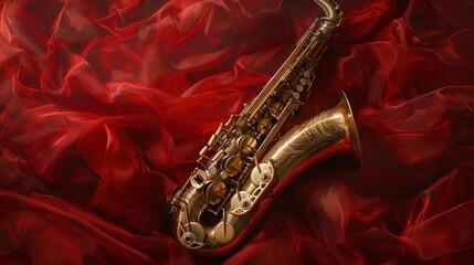 Obraz premium A Gold Tenor Saxophone Resting on Red Sheer Fabric