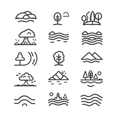Line Art Icons of Landscapes with Water Mountains Trees and the Sun