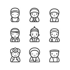 Fototapeta premium Line art icons of smiling people wearing various headwear