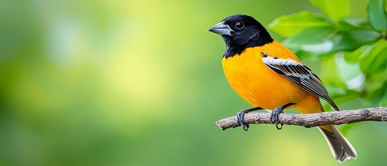 Naklejka premium A yellow and black bird atop a tree branch against a backdrop of green leaves and sky