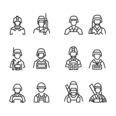 Line Art Icons Depicting Soldiers in Different Combat Gear and Poses