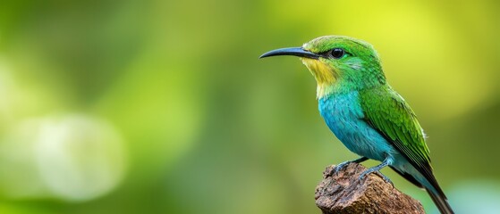  A green-and-blue bird perches on a tree branch in a lush, leafy setting; background softly blurred
