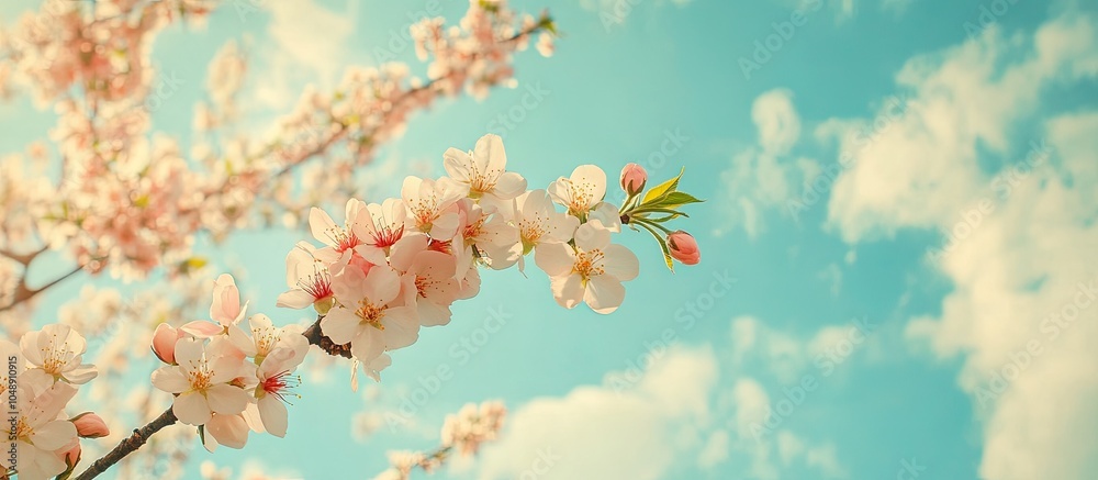 Aufkleber Apricot tree blossoms set against a blue sky with clouds Springtime gardens in bloom Copy space for text Selective focus