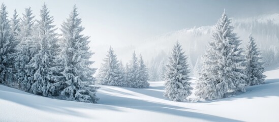 Fototapeta premium A photograph of a snowy landscape featuring trees. with copy space image. Place for adding text or design