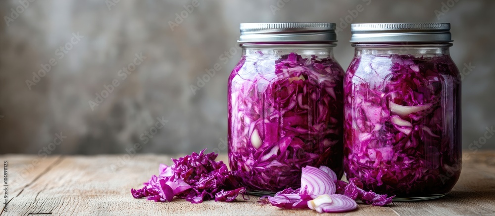 Aufkleber Two glass jars containing fermented red cabbage and onions on a light wooden background Fermentation provides a source of probiotics and is a popular vegetarian dish Copy space