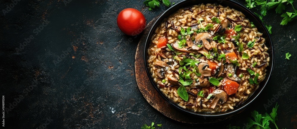 Aufkleber classic italian risotto made with wild rice mushrooms and parmesan. with copy space image. place for