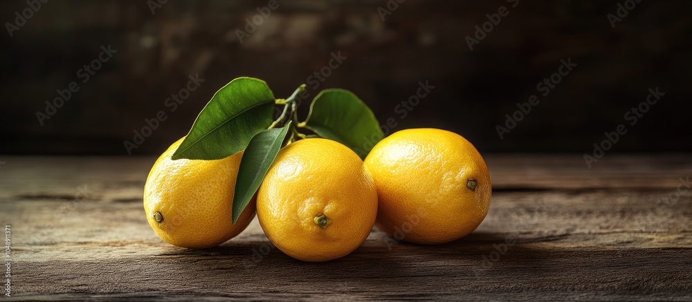 Fototapete two fresh and ripe lemons on the wooden table. with copy space image. Place for adding text or design