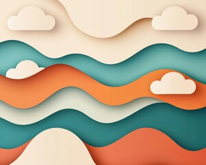 Fototapeta premium Colorful abstract paper waves with clouds create a serene landscape, blending shades of teal, orange, and cream